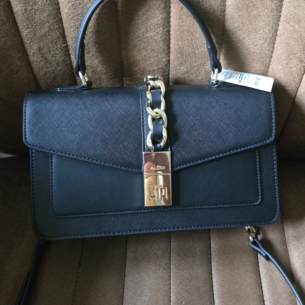 Aldo Black and Gold Satchel with Chain-Link Detail